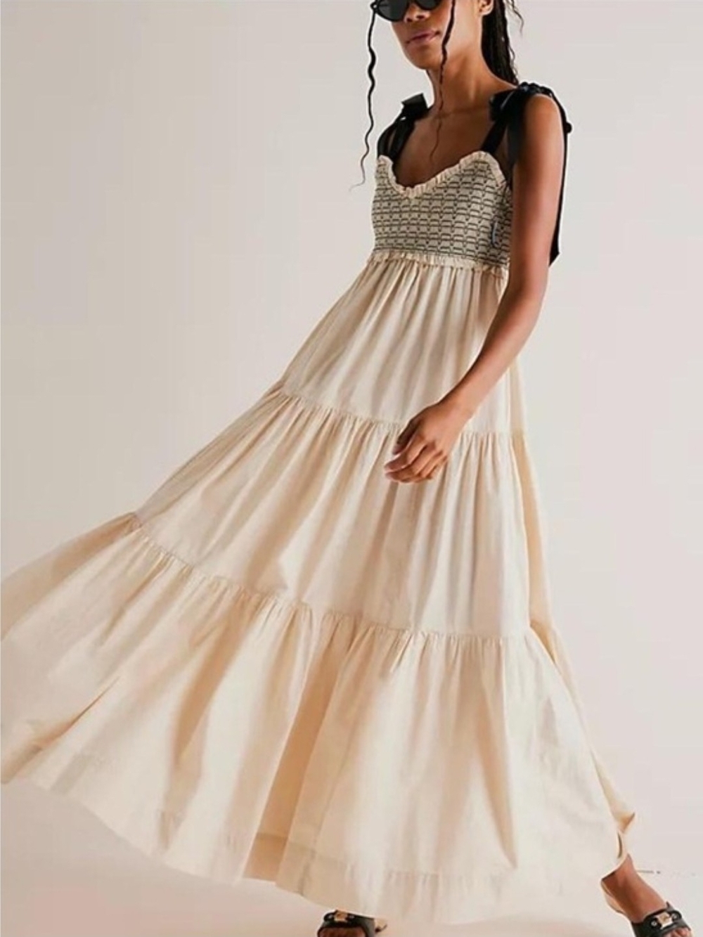 Free People Bluebell Cream Tiered Maxi Dress with Black Tie Straps